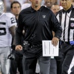 Oakland Raiders coach Dennis Allen reacts during the first half against the Arizona Cardinals in a preseason NFL football game, Friday, Aug. 17, 2012, in Glendale, Ariz. (AP Photo/Ross D. Franklin)