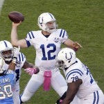 Indianapolis Colts quarterback Andrew Luck (12) throws a pass against the San Diego Chargers during the first half of an NFL football game Monday, Oct. 14, 2013, in San Diego. (AP Photo/Gregory Bull)