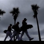 Washington Nationals players make their way to the practice fields for a spring training baseball workout Thursday, Feb. 14, 2013, in Viera, Fla. (AP Photo/David J. Phillip)