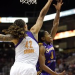 Phoenix Mercury's Brittney Griner (42) blocks the shot of Los Angeles Sparks' Alana Beard during the first half of Game 2 of a WNBA basketball Western Conference semifinal series, Saturday, Sept. 21, 2013, in Phoenix. (AP Photo/Matt York)