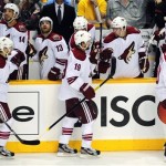 Phoenix Coyotes right wing Shane Doan (19) celebrates with teammates after scoring against the Nashville Predators in the first period of Game 4 in an NHL hockey Stanley Cup Western Conference semifinal playoff series, Friday, May 4, 2012, in Nashville, Tenn. (AP Photo/Mike Strasinger)
