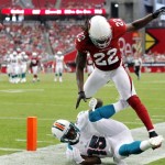 Arizona Cardinals cornerback William Gay (22) breaks up a pass intended for Miami Dolphins wide receiver Davone Bess (15) during the second half of an NFL football game, Sunday, Sept. 30, 2012, in Glendale, Ariz. (AP Photo/Paul Connors)