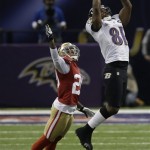 Baltimore Ravens wide receiver Anquan Boldin (81) makes a catch against San Francisco 49ers defensive back Chris Culliver (29) during the first half of NFL Super Bowl XLVII football game, Sunday, Feb. 3, 2013, in New Orleans. (AP Photo/Elaine Thompson)
