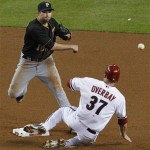 Pittsburgh Pirates' Neil Walker throws to first after forcing out Arizona Diamondbacks' Lyle Overbay (37) during the fourth inning of a baseball game Tuesday, April 17, 2012, in Phoenix. Aaron Hill was out at first. (AP Photo/Ross D. Franklin)