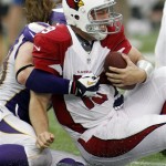 Arizona Cardinals quarterback John Skelton (19) is sacked by Minnesota Vikings defensive end Brian Robison, left, in the second half of an NFL football game in Minneapolis, Sunday, Oct. 21, 2012. (AP Photo/Andy King)
