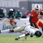 Wake Forest's Kevin Johnson (9) is unable to tackle Miami's Duke Johnson (8) during the first half of an NCAA college football game in Miami Gardens, Fla., Saturday, Oct. 26, 2013. (AP Photo/J Pat Carter)