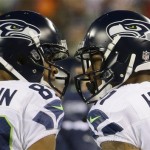 Seattle Seahawks' Doug Baldwin, left, and Percy Harvin celebrate during the first half of the NFL Super Bowl XLVIII football game against the Denver Broncos Sunday, Feb. 2, 2014, in East Rutherford, N.J. (AP Photo/Ted S. Warren)