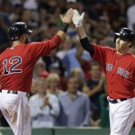 Boston Red Sox's Stephen Drew, right, is congratulated by Mike Napoli after his two run home run in the sixth inning of a baseball game against the Arizona Diamondbacks at Fenway Park, Friday Aug. 2, 2013, in Boston. (AP Photo/Charles Krupa)
