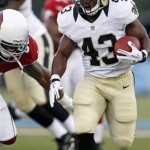 New Orleans Saints running back Darren Sproles (43) runs during the 
first quarter of the NFL Hall of Fame exhibition football game against 
the Arizona Cardinals, Sunday, Aug. 5, 2012 in Canton, Ohio. (AP 
Photo/Scott Galvin)

