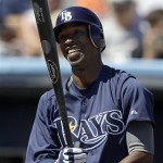 Tampa Bay Rays' B.J. Upton reacts after taking a series of inside pitches by Baltimore Orioles starting pitcher Alfredo Simon during the first inning of a spring training baseball game Monday, March 5, 2012, in Port Charlotte, Fla. Baltimore won 3-1. (AP Photo/David Goldman)