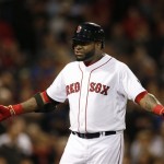 Boston Red Sox designated hitter David Ortiz reacts after striking out in the first inning during Game 1 of the American League baseball championship series against the Detroit Tigers Saturday, Oct. 12, 2013, in Boston. (AP Photo/Elise Amendola)