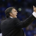 Houston Rockets head coach Kevin McHale gestures during the second quarter of Game 2 of a first-round NBA basketball playoff series against the Oklahoma City Thunder in Oklahoma City, Wednesday, April 24, 2013. (AP Photo/Sue Ogrocki)