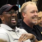 Los Angeles Lakers head coach Mike Brown, 
left, and owner Jim Buss laugh during a news 
conference to introduce newly-acquired guard 
Steve Nash at the basketball team's 
headquarters in El Segundo, Calif., 
Wednesday, July 11, 2012. The Lakers acquired 
two-time MVP Nash from the Phoenix Suns in 
exchange for first round draft picks in 2013 
and 2015 as well as second round draft picks 
in 2013 and 2014, Kupchak said. (AP 
Photo/Reed Saxon)