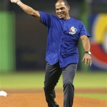 Former major league catcher Ivan Rodriguez throws out a ceremonial first pitch at a World Baseball Classic game between the United States and Puerto Rico at Marlins Park on Tuesday, March 12, 2013, in Miami. The United States defeated Puerto Rico 7-1. (AP Photo/Mike Ehrmann, Pool)