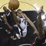 San Antonio Spurs' Tim Duncan (21) shoots against Miami Heat during the second half of Game 4 of the NBA Finals basketball series, Thursday, June 13, 2013, in San Antonio. (AP Photo/Derick E. Hingle, Pool)