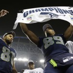  Seattle Seahawks' Doug Baldwin (89) and Golden Tate (81) celebrate after the NFL football NFC Championship game against the San Francisco 49ers, Sunday, Jan. 19, 2014, in Seattle. The Seahawks won 23-17 to advance to Super Bowl XLVIII. (AP Photo/Matt Slocum)