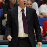 Long Beach State's head coach Dan Monson doesn't like the official's call in the first half of an NCAA of an college basketball game against Arizona, Monday, Nov. 11, 2013 in Tucson, Ariz. (AP Photo/John Miller) 