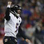 Baltimore Ravens quarterback Joe Flacco celebrates after an 11-yard touchdown pass to Anquan Boldin during the second half of the NFL football AFC Championship football game against the New England Patriots in Foxborough, Mass., Sunday, Jan. 20, 2013. (AP Photo/Charles Krupa)