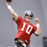 New York Giants' Eli Manning during practice, Friday, Feb. 3, 2012, in Indianapolis. The Giants will face the New England Patriots in the NFL football Super Bowl XLVI on Feb. 5.(AP Photo/Eric Gay)