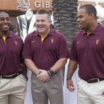 Arizona State head coach Todd Graham, center, 
is flanked by running back Cameron Marshall, 
left, and linebacker Brandon Magee, right, 
during the Pac-12 football Media Day in Los 
Angeles, Tuesday, July 24, 2012. (AP 
Photo/Damian Dovarganes)