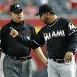 Miami Marlins manager Ozzie Guillen, right, argues with umpire Jim Joyce during the third inning of a baseball game against the Arizona Diamondbacks, Wednesday, Aug. 22, 2012, in Phoenix. (AP Photo/Matt York)