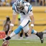  Carolina Panthers quarterback Derek Anderson (3) loses the ball but recovers it in the first quarter of their NFL preseason football game against the Pittsburgh Steelers, Thursday, Aug. 30, 2012, in Pittsburgh. (AP Photo/Don Wright)