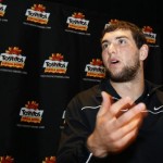 Stanford quarterback Andrew Luck answers reporters' questions concerning Oklahoma State during a news conference prior to the Fiesta Bowl college football game Wednesday, Dec. 28, 2011 in Scottsdale, Ariz. Stanford will play Oklahoma State in the Fiesta Bowl Monday, Jan. 2. (AP Photo/Paul Connors)