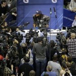 Seattle Seahawks' Richard Sherman answers a question during media day for the NFL Super Bowl XLVIII football game Tuesday, Jan. 28, 2014, in Newark, N.J. (AP Photo/Charlie Riedel)
