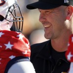 South coach Gus Bradley, of the Jacksonville Jaguars, talks with Dee Ford, of Auburn, on the sidelines during the first half of the Senior Bowl NCAA college football game on Saturday, Jan. 25, 2014, in Mobile, Ala. (AP Photo/Butch Dill)