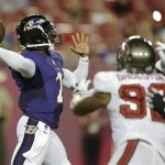 Baltimore Ravens quarterback Tyrod Taylor (2) fires a fourth-quarter pass as Tampa Bay Buccaneers defensive end William Gholston (92) pressures during an NFL preseason football game Thursday, Aug. 8, 2013, in Tampa, Fla. The Ravens won 44-16. (AP Photo/Chris O'Meara)