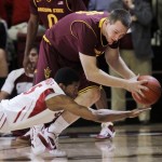 Arizona State guard Chanse Creekmur, top, tries to keep the ball from Stanford guard Chasson Randle (5) in the first half of an NCAA college basketball game in Palo Alto, Calif., Thursday, Feb. 2, 2012. (AP Photo/Paul Sakuma)