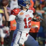 South quarterback David Fales (12), of San Jose State, throws a pass against the North during the second quarter of the Senior Bowl NCAA college football game on Saturday, Jan. 25, 2014, in Mobile, Ala. (AP Photo/G.M. Andrews)