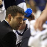  Butler head coach Brad Stevens talks to his players during the first half a second round NCAA college basketball tournament game against Bucknell Thursday, March 21, 2013, in Lexington, Ky. (AP Photo/James Crisp)
