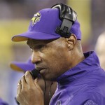 Minnesota Vikings head coach Leslie Frazier talks into his headset during the first half of an NFL football game against the New York Giants Monday, Oct. 21, 2013 in East Rutherford, N.J. (AP Photo/Peter Morgan)