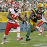  Green Bay Packers cornerback Sam Shields (37) intercepts a pass in front of Kansas City Chiefs wide receiver Jamar Newsome (84) during the first half of an NFL preseason football game Thursday, Aug. 30, 2012, in Green Bay, Wis. (AP Photo/Mike Roemer)