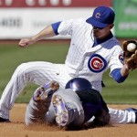  Colorado Rockies' Carlos Gonzalez, bottom, steals second with Chicago Cubs' Brent Lillibridge covering during the fourth inning of an exhibition spring training baseball game, Tuesday, Feb. 26, 2013, in Phoenix. (AP Photo/Morry Gash)