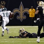 Philadelphia Eagles wide receiver DeSean Jackson (10) races to the end zone on a touchdown reception during the second half of an NFL football game against the New Orleans Saints at Mercedes-Benz Superdome in New Orleans, Monday, Nov. 5, 2012. (AP Photo/Bill Feig)