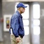 New York Giants head coach Tom Coughlin watches over practice during practice, Friday, Feb. 3, 2012, in Indianapolis. The Giants will face the New England Patriots in the NFL football Super Bowl XLVI on Feb. 5.(AP Photo/Eric Gay)