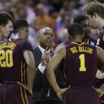 Minnesota coach Tubby Smith, center, talks with his players during a timeout during the second half of a second-round game of the NCAA college basketball tournament Friday, March 22, 2013, in Austin, Texas. Minnesota won 83-63. (AP Photo/Eric Gay)