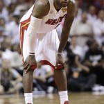The Miami Heat's LeBron James (6) takes a break against the San Antonio Spurs during the second half in Game 7 of the NBA basketball championship, Thursday, June 20, 2013, in Miami. (AP Photo/Lynne Sladky)