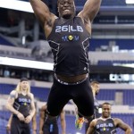 Notre Dame linebacker Prince Shembo jumps a long jump test during a drill at the NFL football scouting combine in Indianapolis, Monday, Feb. 24, 2014. (AP Photo/Nam Y. Huh)