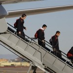 Stanford players deplane upon arrival to play Oklahoma State in the Fiesta Bowl college football game Monday, Dec. 26, 2011at Sky Harbor International Airport in Phoenix. (AP Photo/Paul Connors)