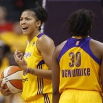 Los Angeles Sparks' Candace Parker, left, reacts to being called for a foul against the Phoenix Mercury as teammate Nneka Ogwumike walks past her during the second half in Game 1 of their WNBA basketball Western Conference semifinal series on Thursday, Sept. 19, 2013, in Los Angeles. The Mercury won 86-75. (AP Photo/Danny Moloshok)