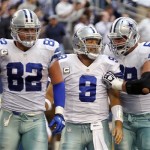  Dallas Cowboys' Jason Witten (82), Tony Romo (9) and Doug Free (68) celebrate a touchdown by Dwayne Harris late in the second half of an NFL football game against the Minnesota Vikings, Sunday, Nov. 3, 2013, in Arlington, Texas. (AP Photo/Tim Sharp)