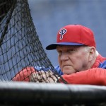 Philadelphia Phillies' Charlie Manuel watches batting practice during a workout at baseball spring training, Thursday, Feb. 14, 2013, in Clearwater, Fla. (AP Photo/Matt Slocum)