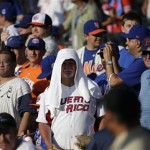 A fan shields his head with a towel during batting practice for the MLB All-Star baseball game, on Monday, July 15, 2013 in New York. The All Star game will be played on Tuesday. (AP Photo/Matt Slocum)