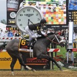 Oxbow, ridden by jockey Gary Stevens, wins the 138th Preakness Stakes horse race at Pimlico Race Course, Saturday, May 18, 2013, in Baltimore. (AP Photo/Mike Stewart)
