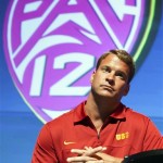 Southern California coach Lane Kiffin takes 
questions at the Pac-12 NCAA college football 
media day in Los Angeles, Tuesday, July 24, 
2012. (AP Photo/Damian Dovarganes)