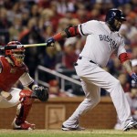  Boston Red Sox's David Ortiz hits a single during the sixth inning of Game 3 of baseball's World Series against the St. Louis Cardinals Saturday, Oct. 26, 2013, in St. Louis. (AP Photo/Jeff Roberson)