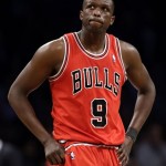 Chicago Bulls forward Luol Deng (9) reacts in the second half of Game 5 of their first-round NBA basketball playoff series against the Brooklyn Nets, Monday, April 29, 2013, in New York. The Nets won 110-91. (AP Photo/Kathy Willens)